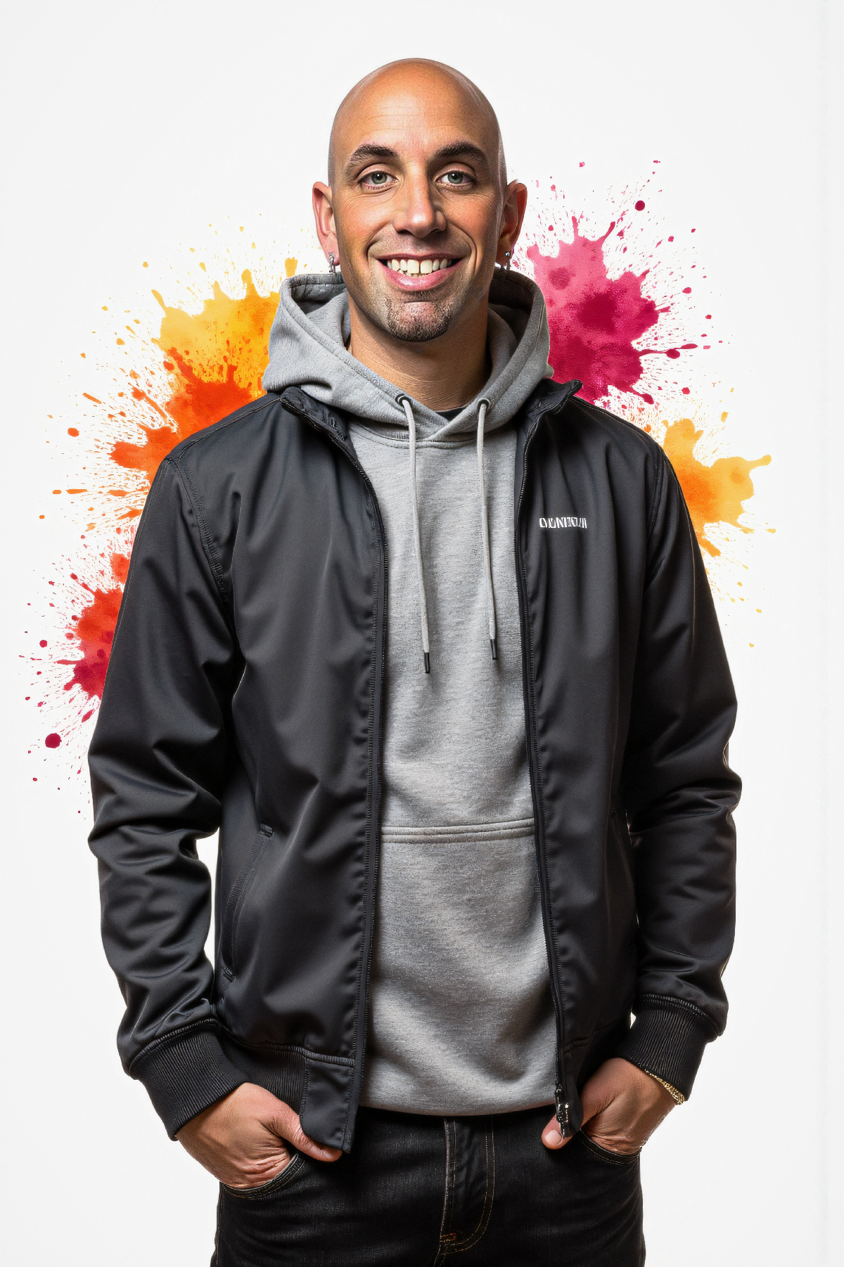 Doug McSorley wearing a sweatshirt with colorful background.