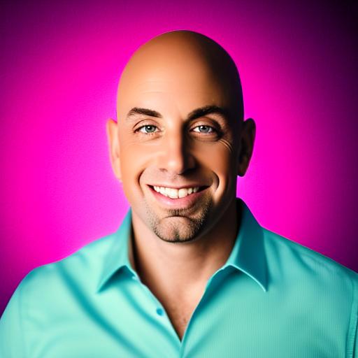 Doug McSorley in aqua blue shirt with pink background.